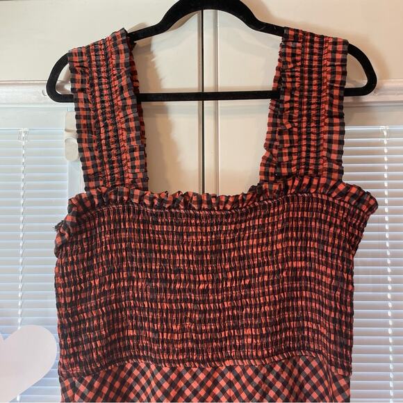 Ganni Smocked Gingham Midi Dress Orange and Black Sleeveless Dress NWT - Picture 2 of 16